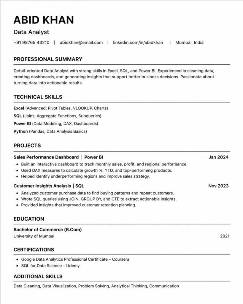 ATS friendly data analyst resume example