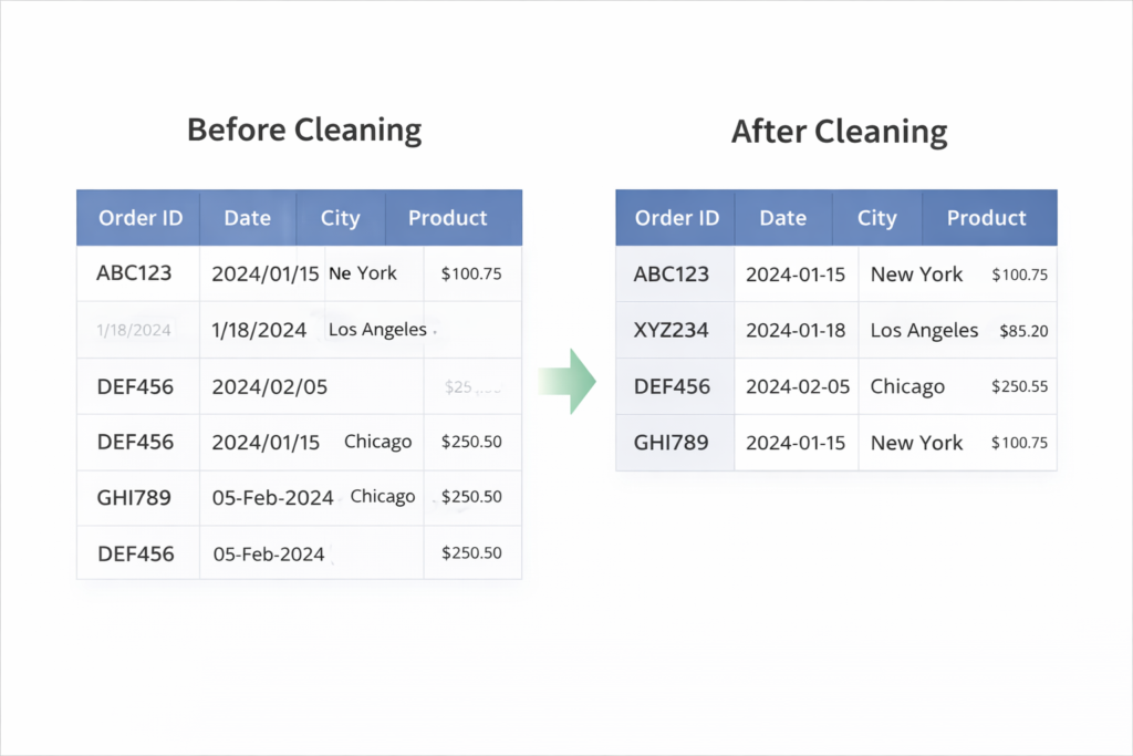 Data cleaning example showing before and after dataset formatting and duplicate removal
