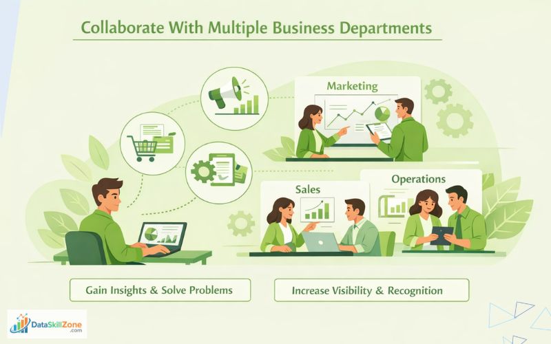 Light lime infographic showing collaboration across marketing, sales, and operations with simple icons and workflow connections.