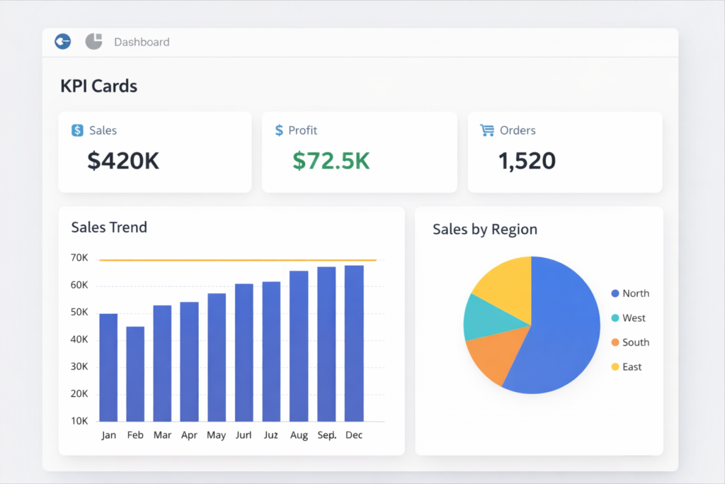 Power BI dashboard example with KPI cards sales trend and regional analysis