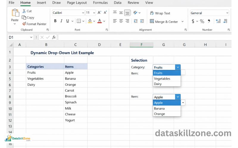 drop-down list in excel with dynamic