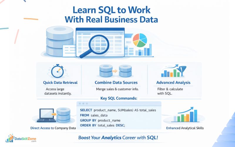 Clean light infographic about learning SQL for business data, showing database icons, analytics charts, and a simple SQL query example.