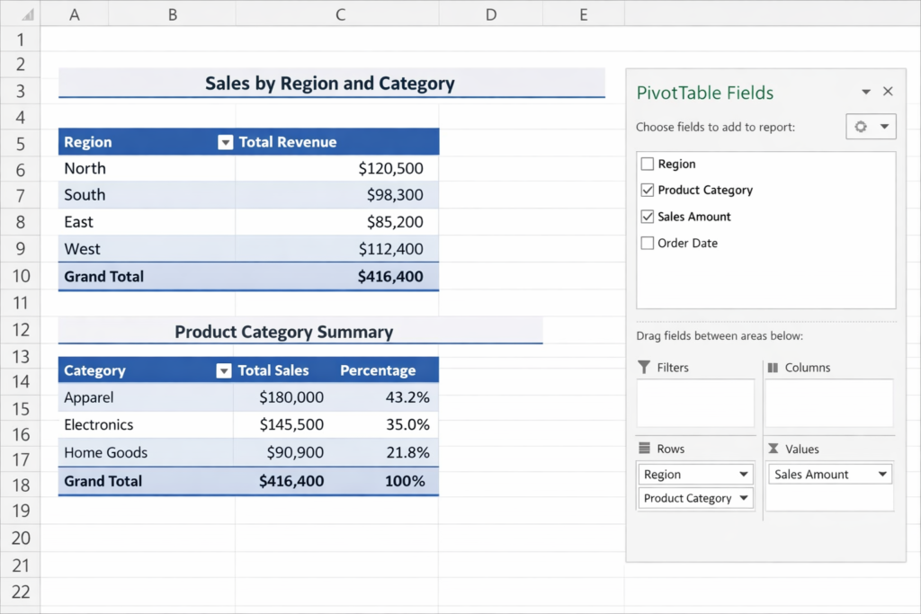 Excel Pivot Table example with sales by region and revenue summary